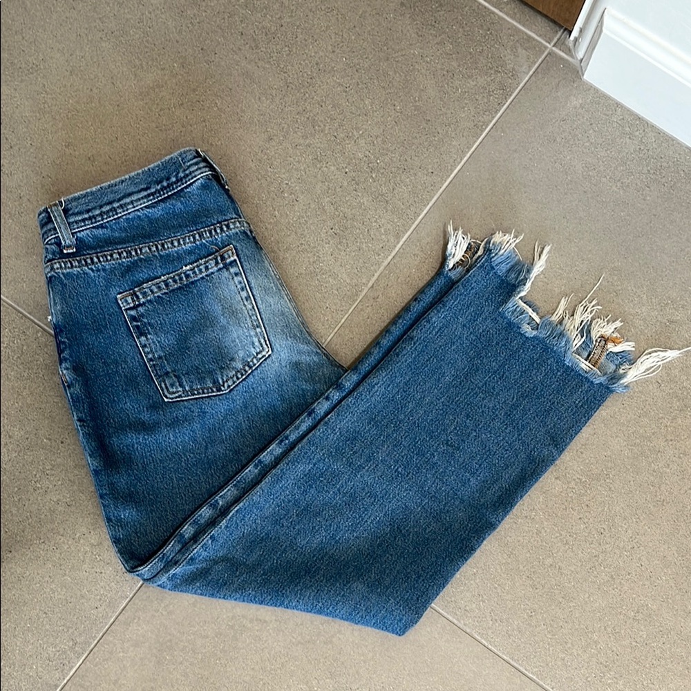 Free People Blue Ankle Cropped Jeans with Distressed Hem